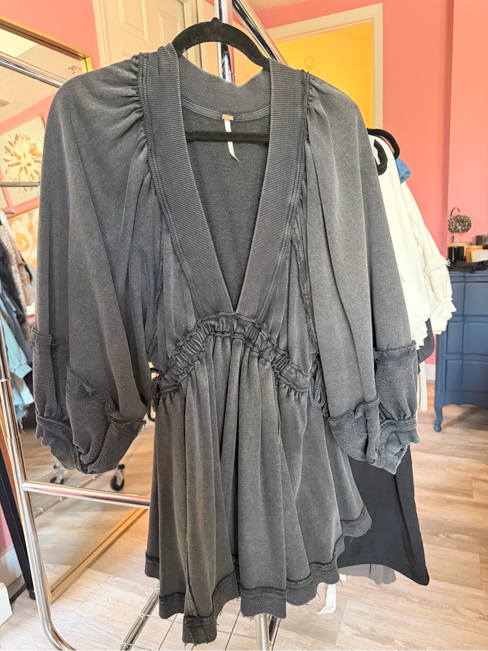 Free People Charcoal Black Ruched V-Neck Puff Sleeve Tunic